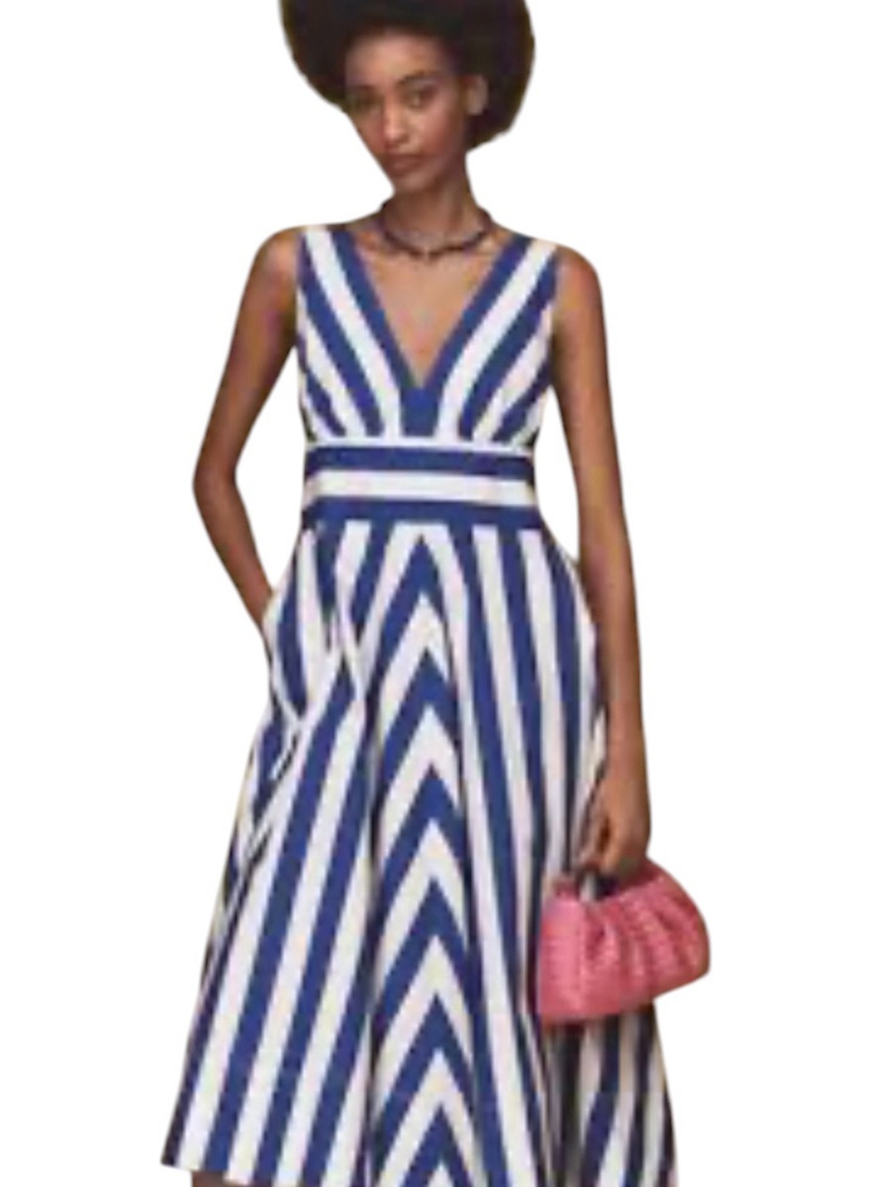 Anthropologie sleeveless Blue & White Striped V-Neck Midi sunDress cotton small